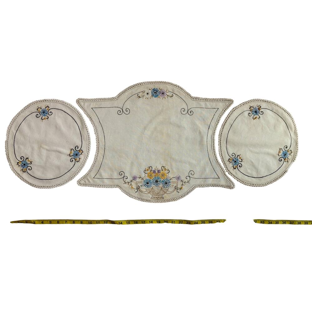 Vintage 3pc Set Embroidered Table Runner Dresser Scarf Blue Gold Floral AS IS